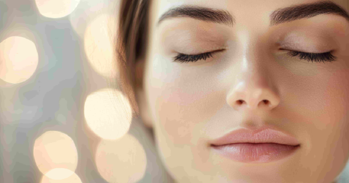 Close-up of a woman’s face with smooth skin, natural makeup, and closed eyes against a soft, glowing light background after PRF treatment in Cincinnati, OH.
